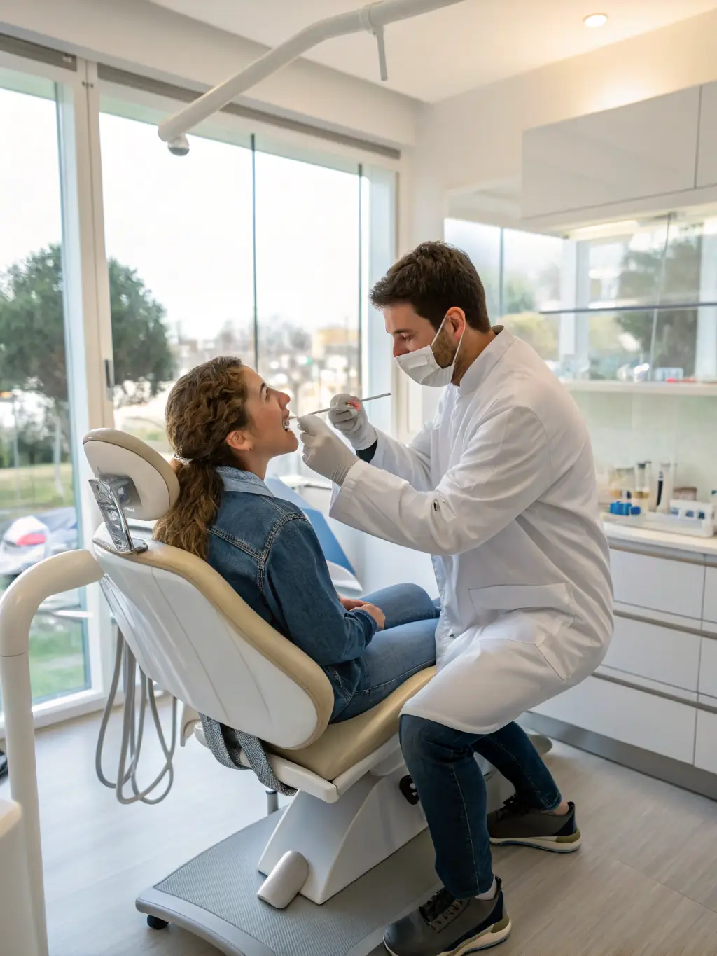 A dental hygienist demonstrating proper flossing techniques to a patient, emphasizing the importance of daily oral hygiene practices.
