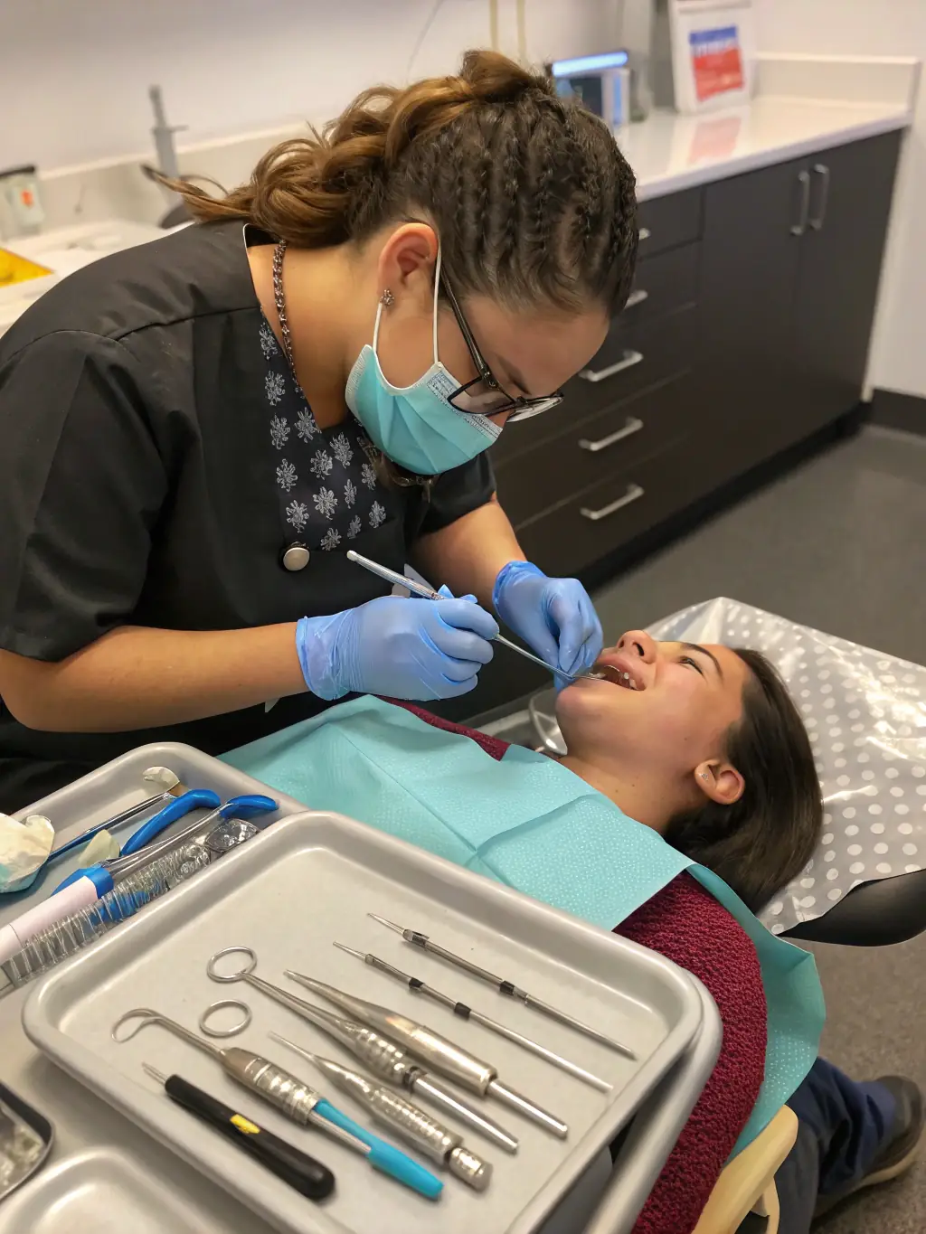 A close-up shot of a dental hygienist using specialized tools to clean a patient's teeth, showcasing the precision and care involved in the process.