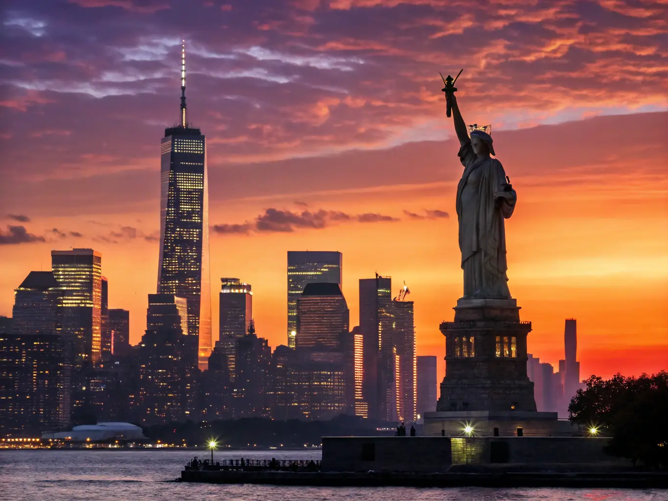 A cityscape of New York City, featuring iconic skyscrapers and bustling streets.