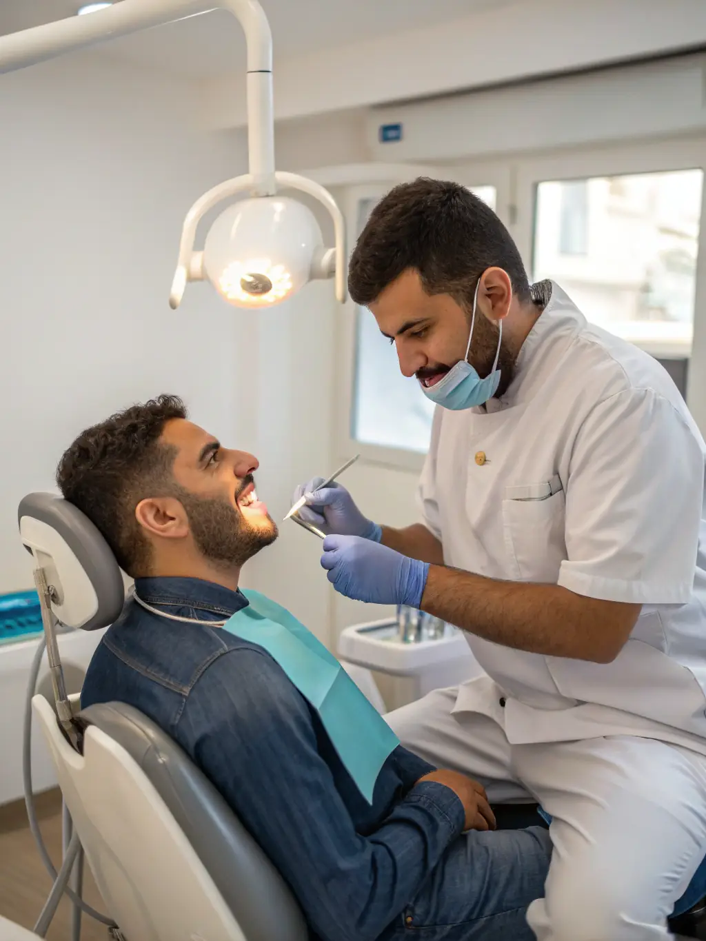 A dentist gently examining a patient experiencing a toothache, showcasing the immediate care provided by Advancedental1 for emergency toothache relief.
