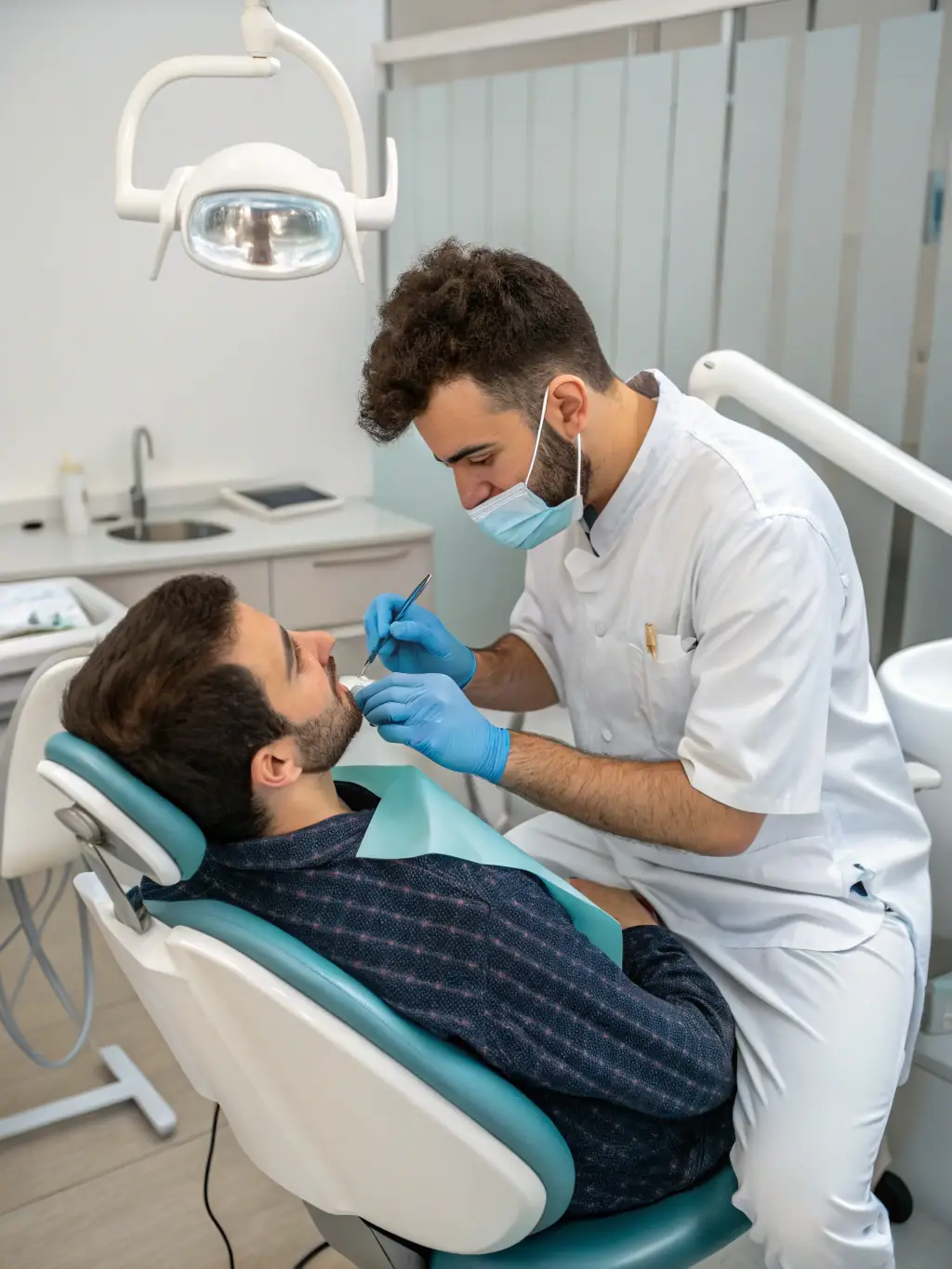 A close-up shot of a dentist skillfully repairing a chipped front tooth with composite resin, highlighting Advancedental1's expertise in restoring smiles.