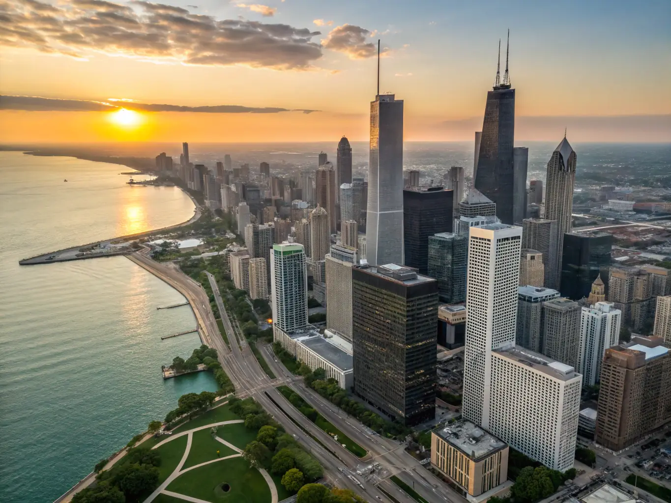 A cityscape of Chicago, Illinois, featuring the Chicago River and tall buildings.